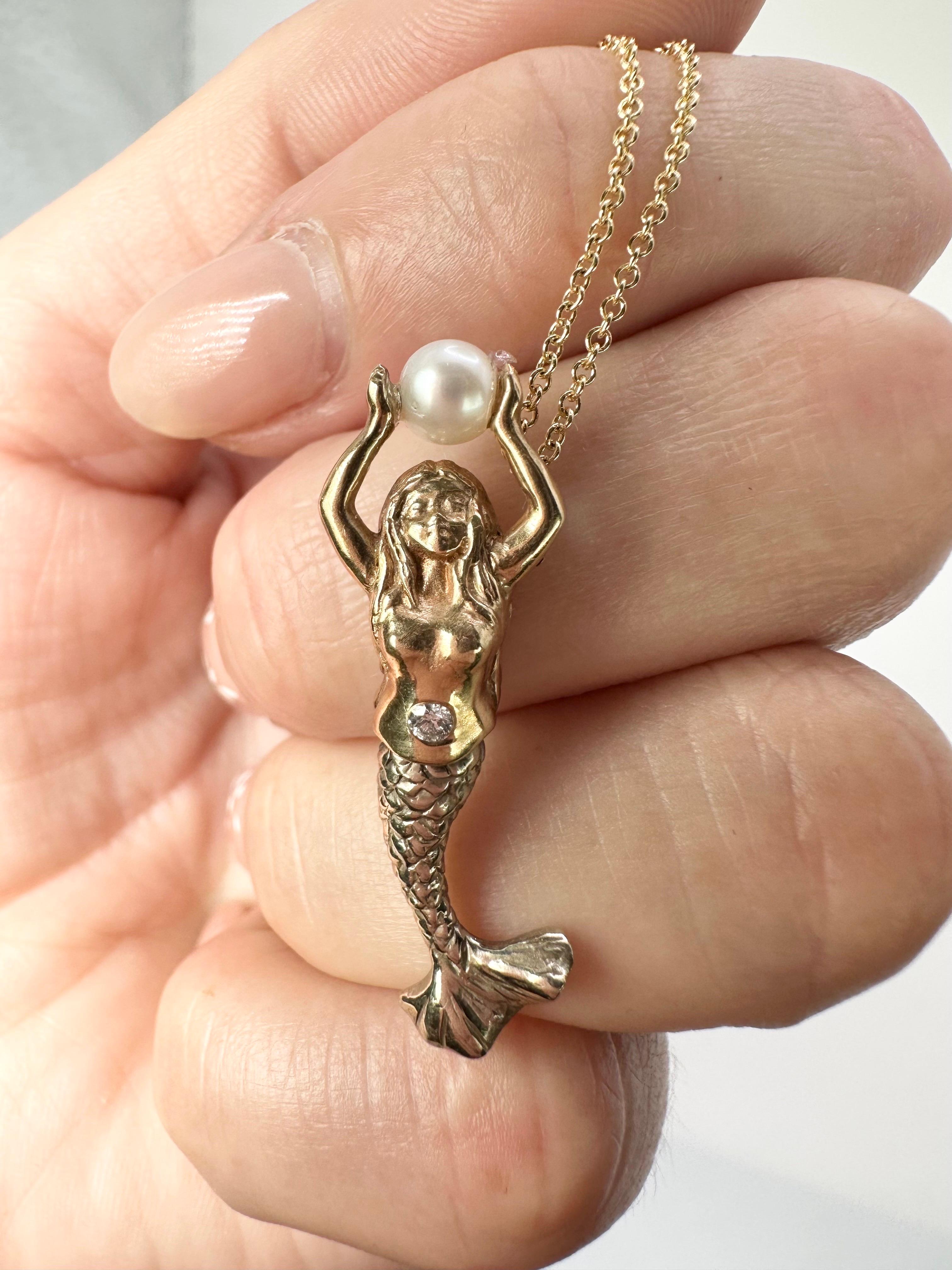 Mermaid Pearl Pendant Necklace Unique Hand Engraved Pendant 14kt Yellow Gold For Sale 1