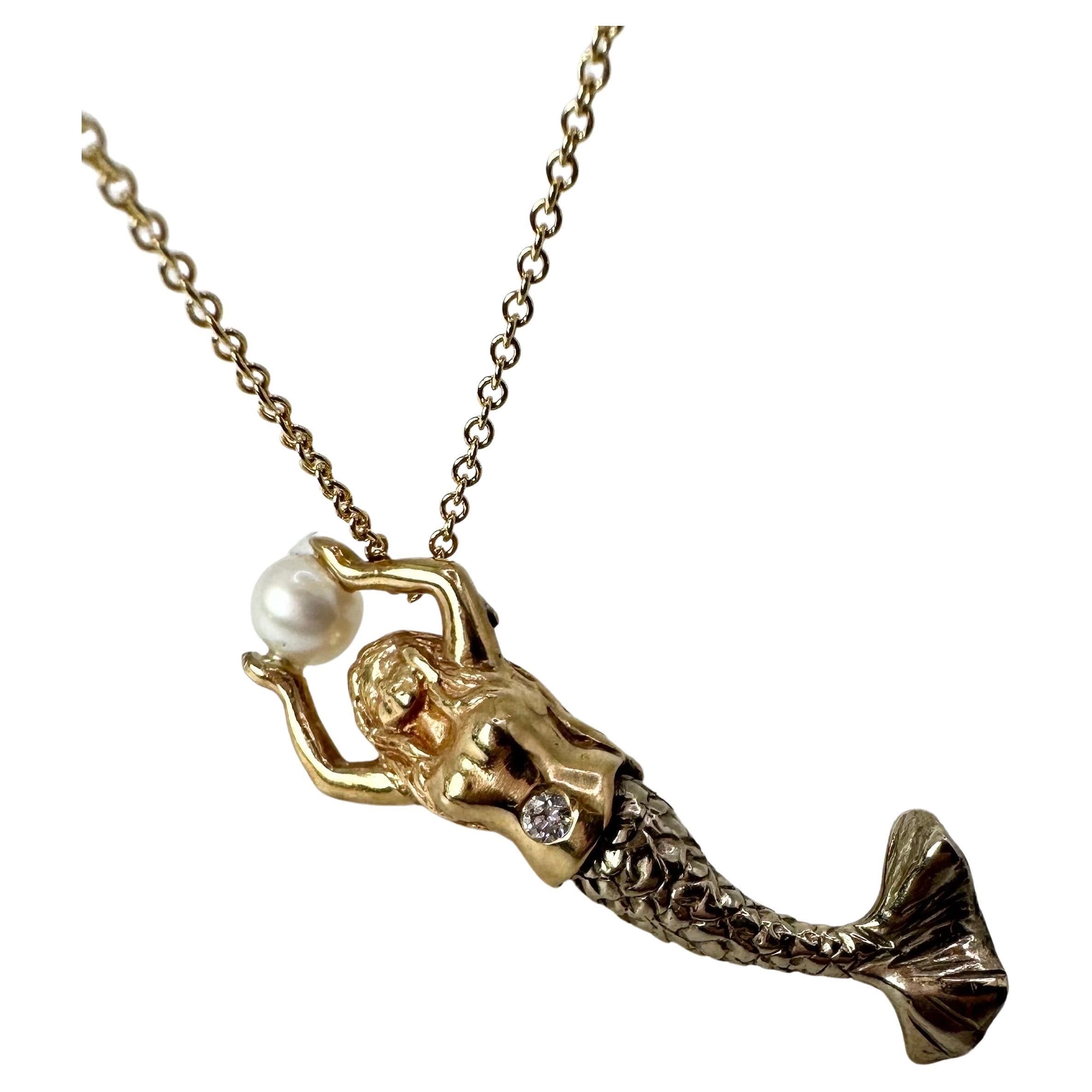 Mermaid Pearl Pendant Necklace Unique Hand Engraved Pendant 14kt Yellow Gold For Sale
