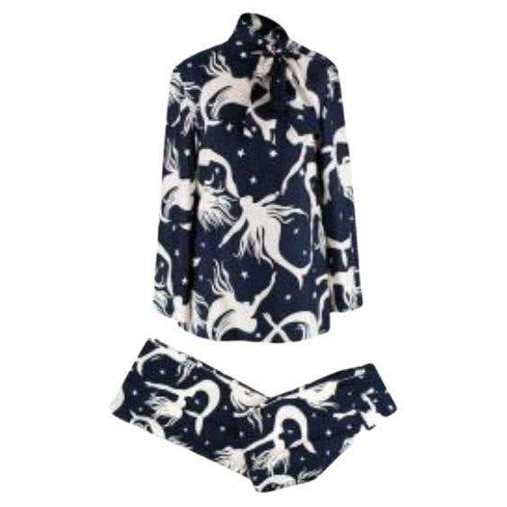 Mermaid Print Navy Silk Trousers And Pussybow Blouse For Sale At 1stdibs