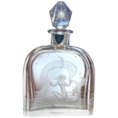 "Mermaid Riding Dolphin, " Rare Engraved Art Deco Perfume Flask by Orrefors