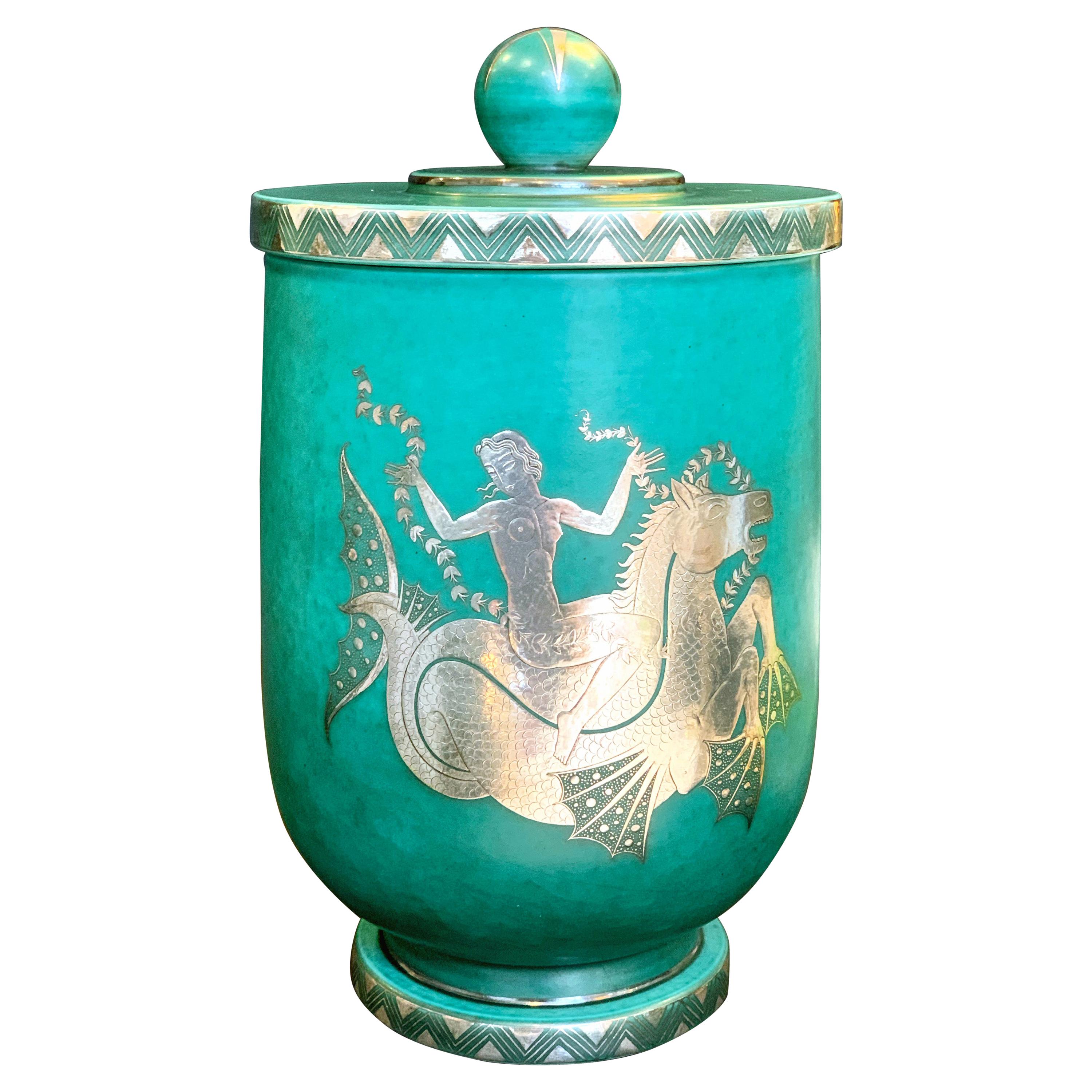 "Mermaid Riding Hippocampus, " Large, Unique Argenta Covered Jar by Gustavsberg For Sale