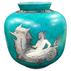 "Mermaid & Sea Dragon", Exceptional Art Deco Vase w/ Silver Overlay, Gustavsberg