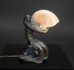 Secessionist Bronze Mermaid Shell Lamp by Gustav Gurschner