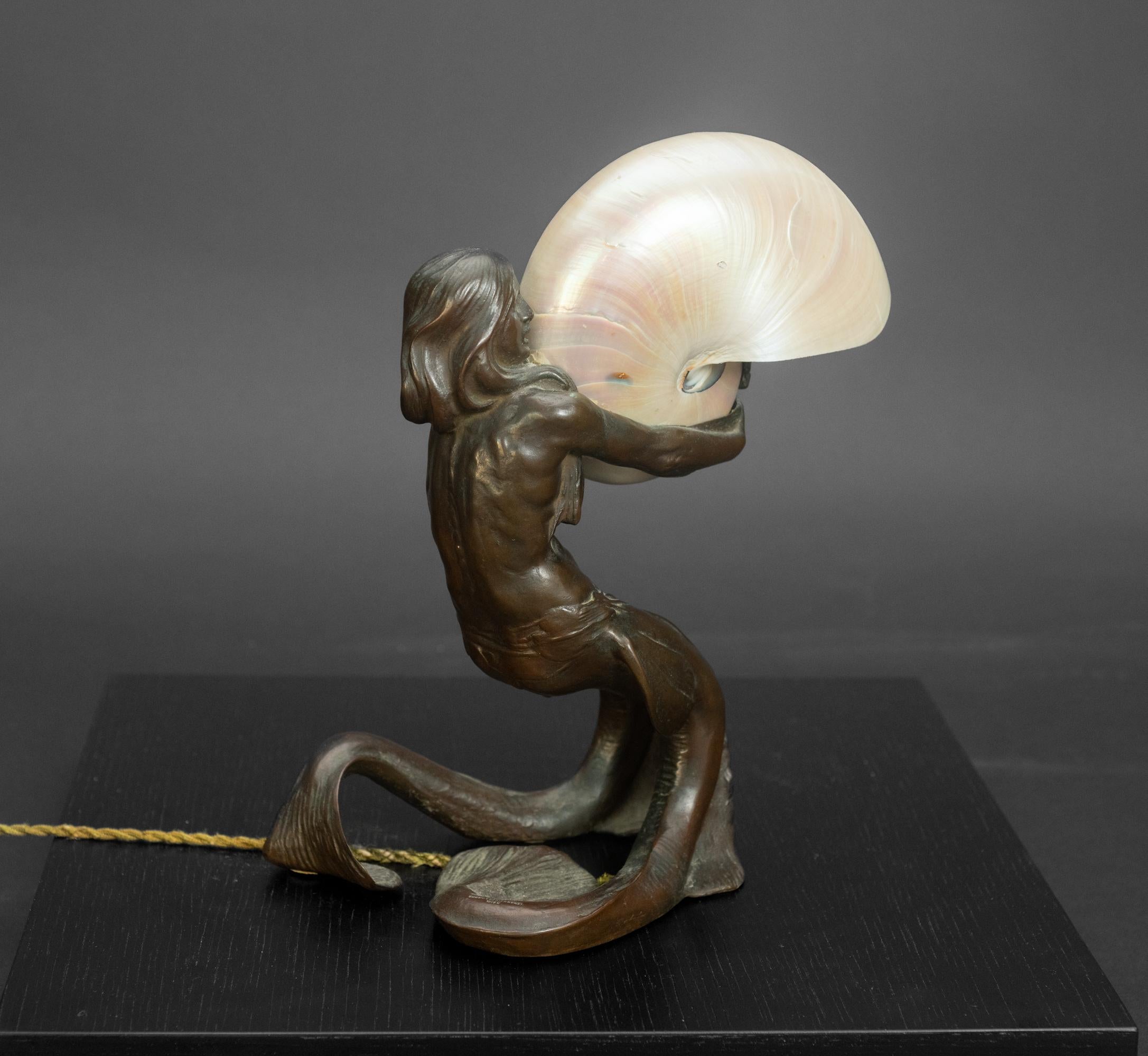 Art Nouveau Secessionist Bronze Mermaid Shell Lamp by Gustav Gurschner and Johann Lotz Witwe For Sale