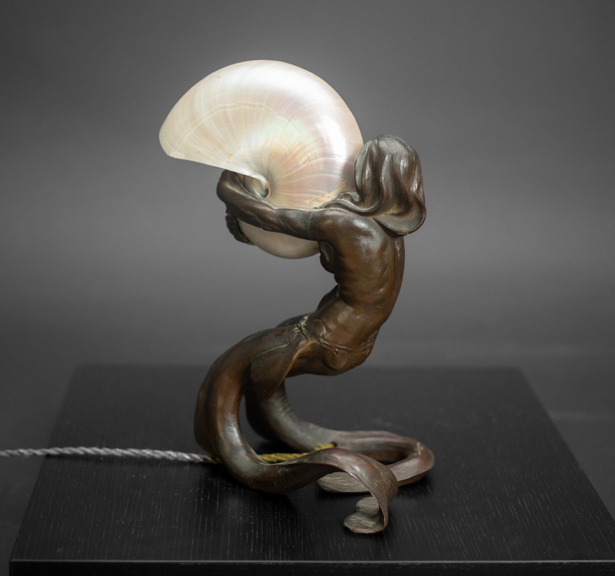 Austrian Secessionist Bronze Mermaid Shell Lamp by Gustav Gurschner and Johann Lotz Witwe For Sale