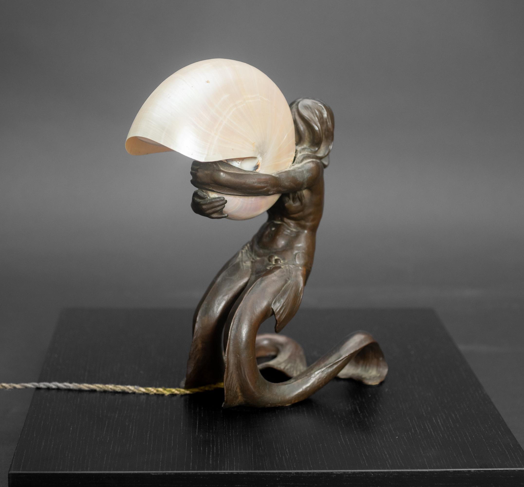 Patinated Secessionist Bronze Mermaid Shell Lamp by Gustav Gurschner and Johann Lotz Witwe For Sale