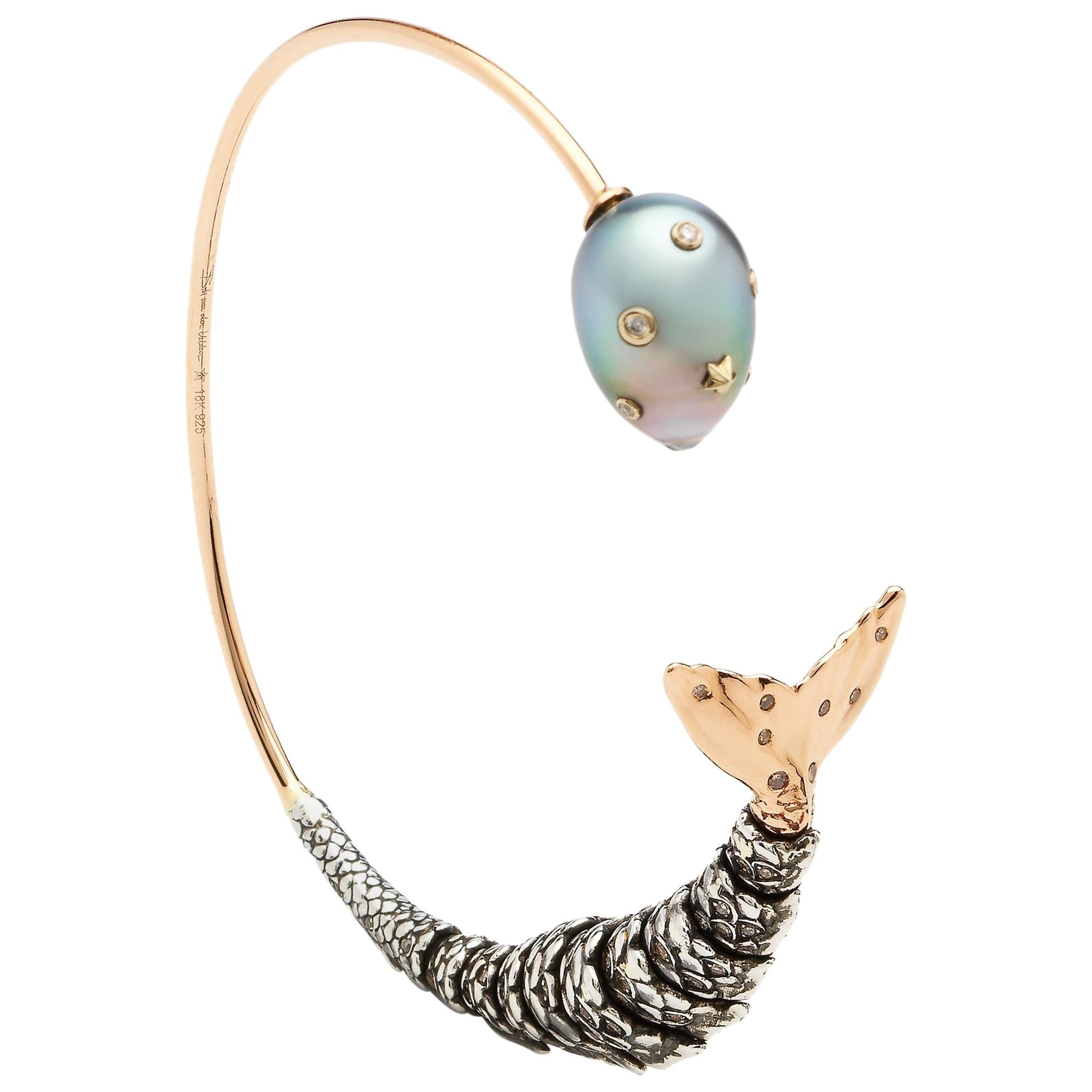 18 Karat Rose Gold Tahitian Pearl and Diamond Mermaid Tail Bangle Bracelet  For Sale