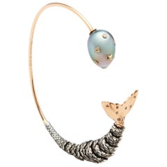 18 Karat Rose Gold Tahitian Pearl and Diamond Mermaid Tail Bangle Bracelet 