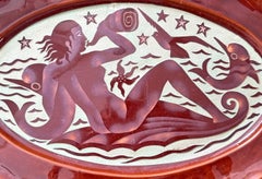 "Mermaid with Dolphins & Starfish", Rare & Ambitious Art Deco Platter, Mequinion