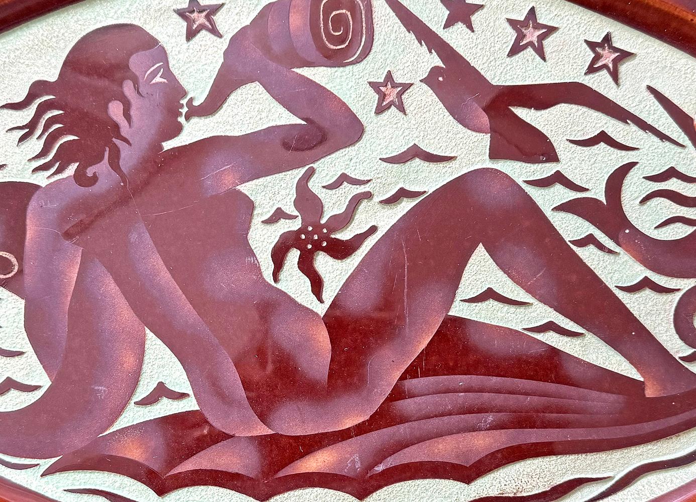 Seltene & Ambitiöse Art-Déco-Platte „Mermaid mit Delphinen und Seesternen“, Pailletten (Art déco) im Angebot