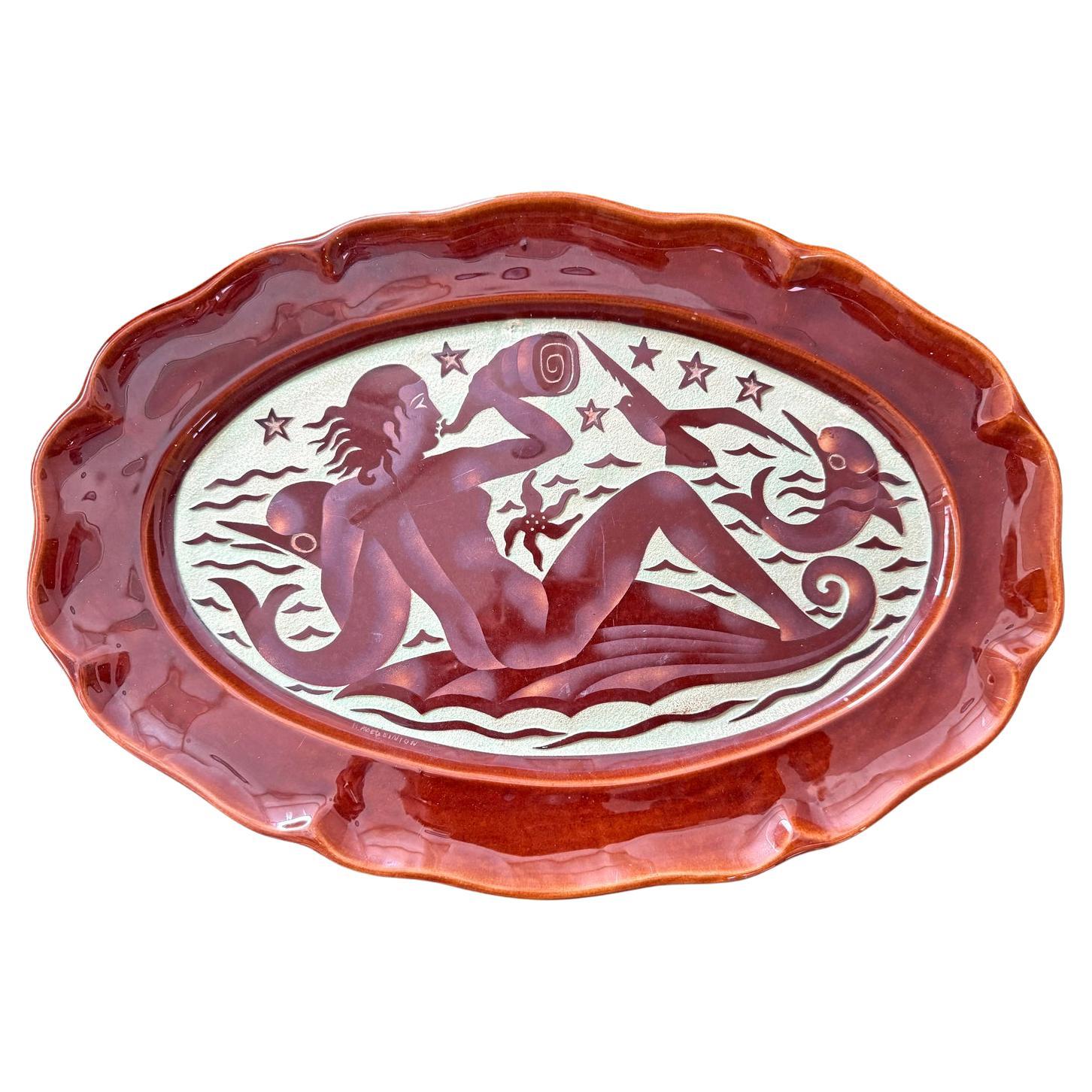 Seltene & Ambitiöse Art-Déco-Platte „Mermaid mit Delphinen und Seesternen“, Pailletten im Angebot