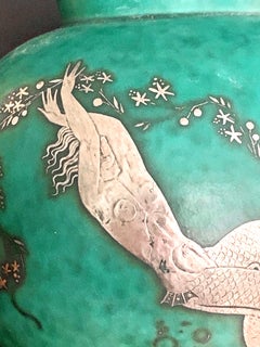 "Mermaid with Garland, " Stunning Art Deco Vase in Tooled Silver over Porcelain