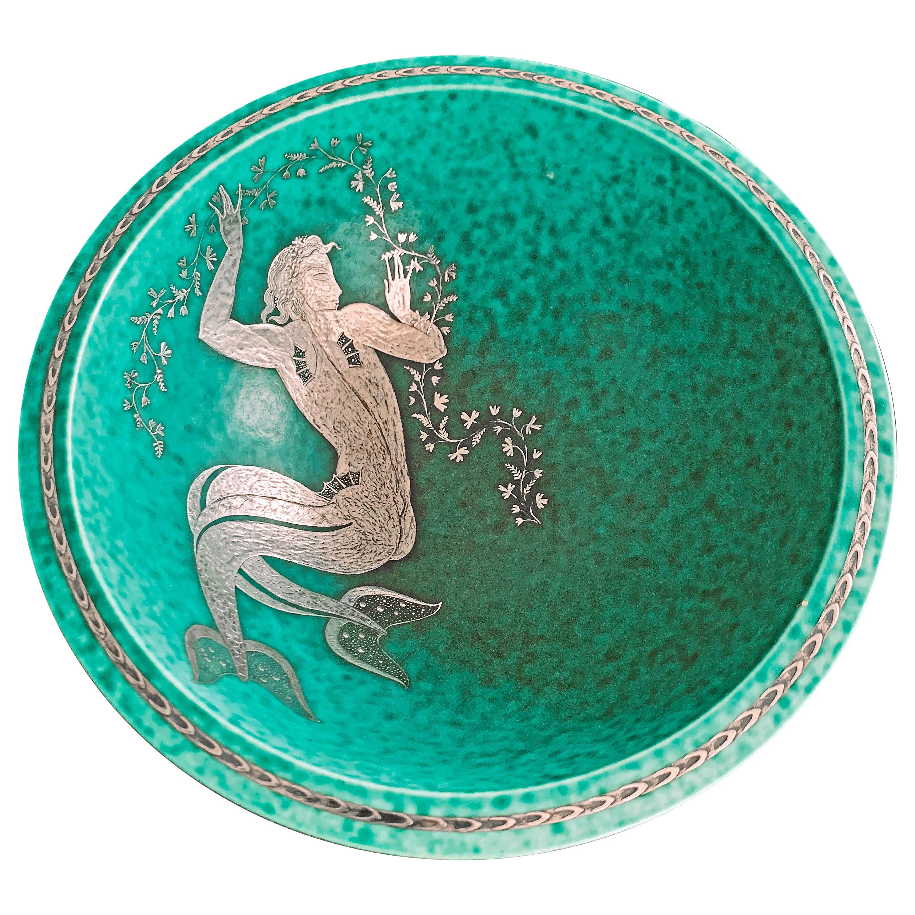 "Mermaid with Garland, " Unusual, Masterful Art Deco Porcelain Bowl, Gustavsberg