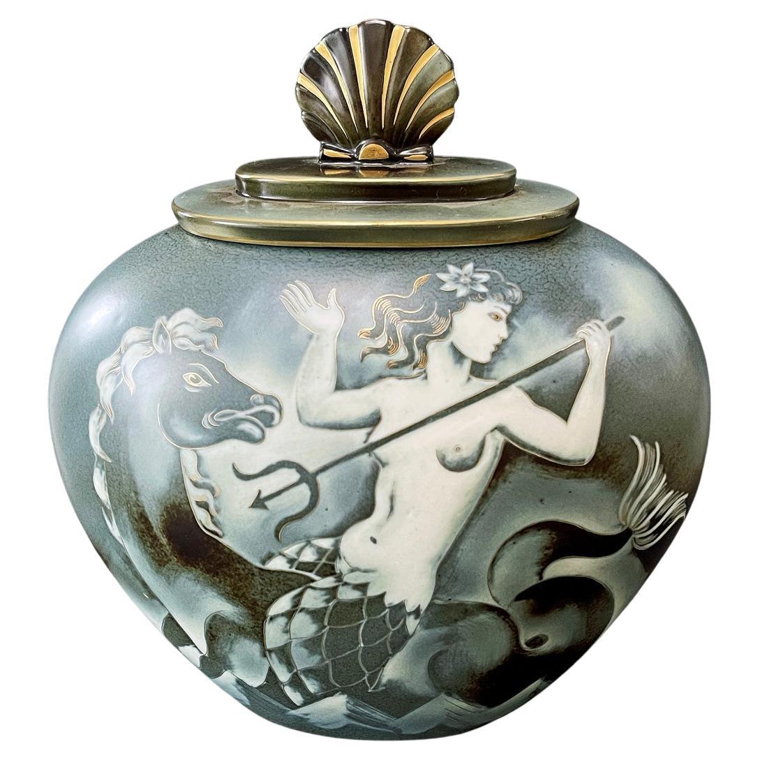 "Mermaids, Hippocampus and Sea Dragon, " Superb Lidded Art Deco Porcelain Urn
