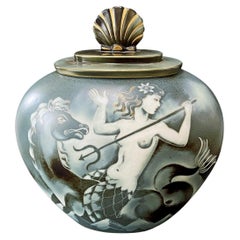 "Mermaids, Hippocampus and Sea Dragon," Superb Lidded Art Deco Porcelain Urn