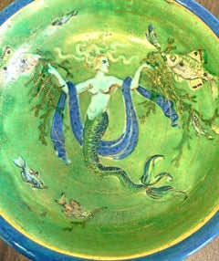 "Il regno della sirena", ciotola Art Deco con scena subacquea in verde smeraldo e oro