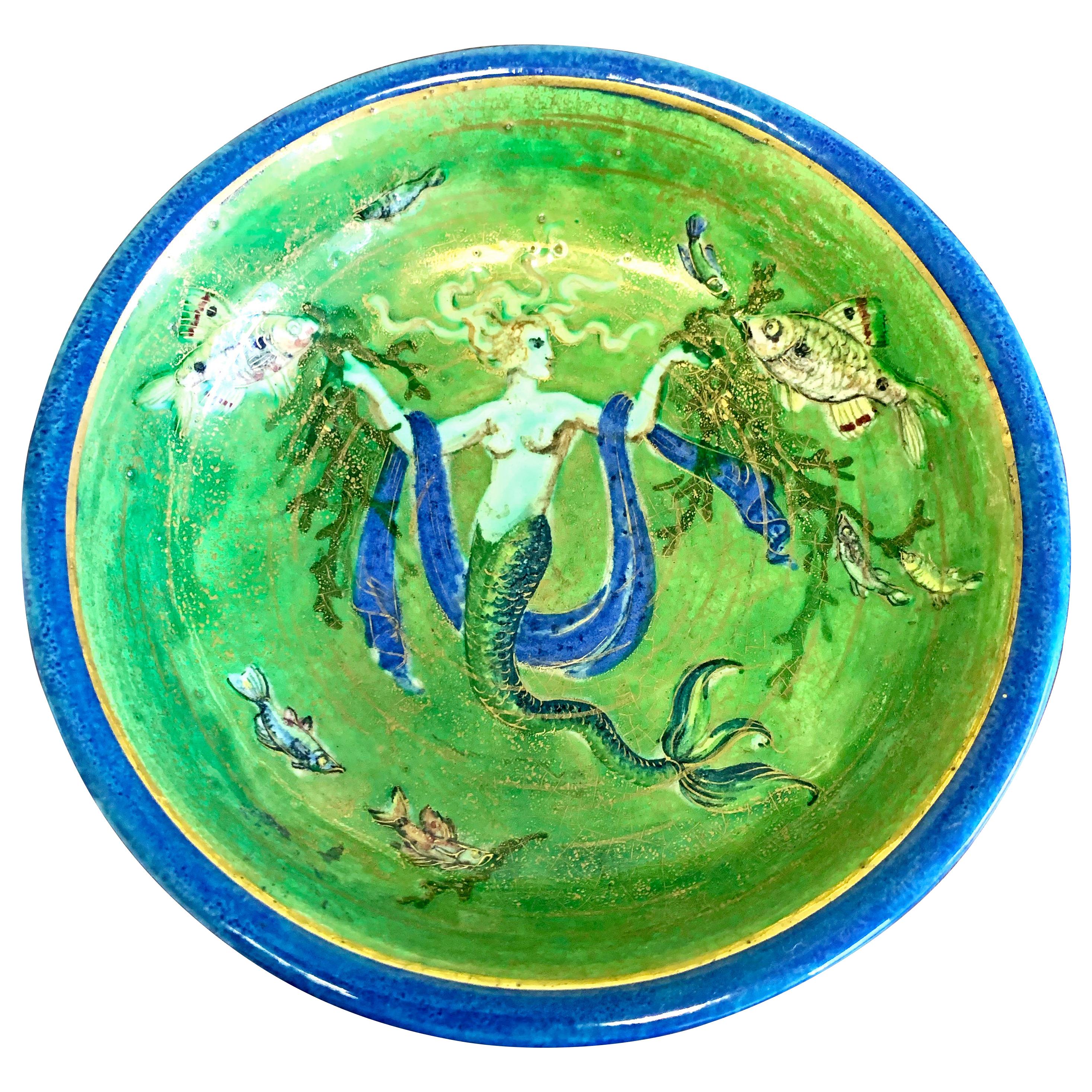 "Mermaid's Reign, " Art Deco Bowl with Underwater Scene in Emerald Green and Gold