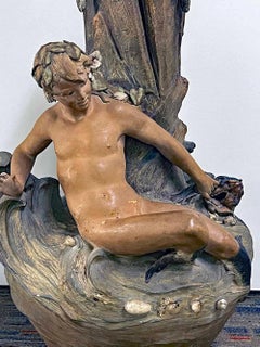 "Merman and Dolphin", Large, Grotto-esque Art Nouveau Floor Vase, Goldscheider