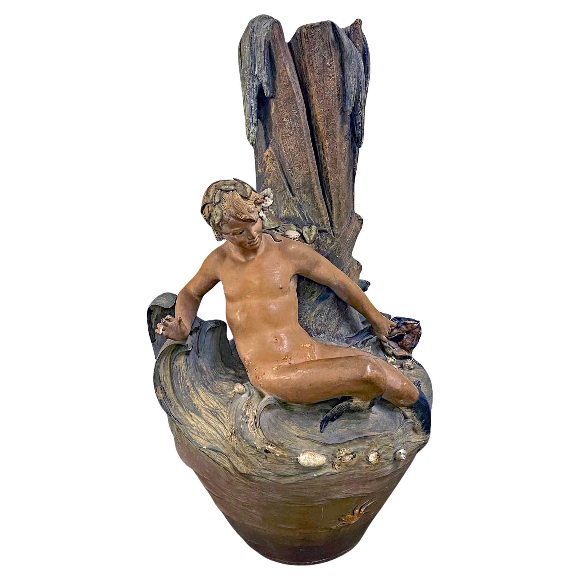 "Merman and Dolphin", Large, Grotto-esque Art Nouveau Floor Vase, Goldscheider For Sale
