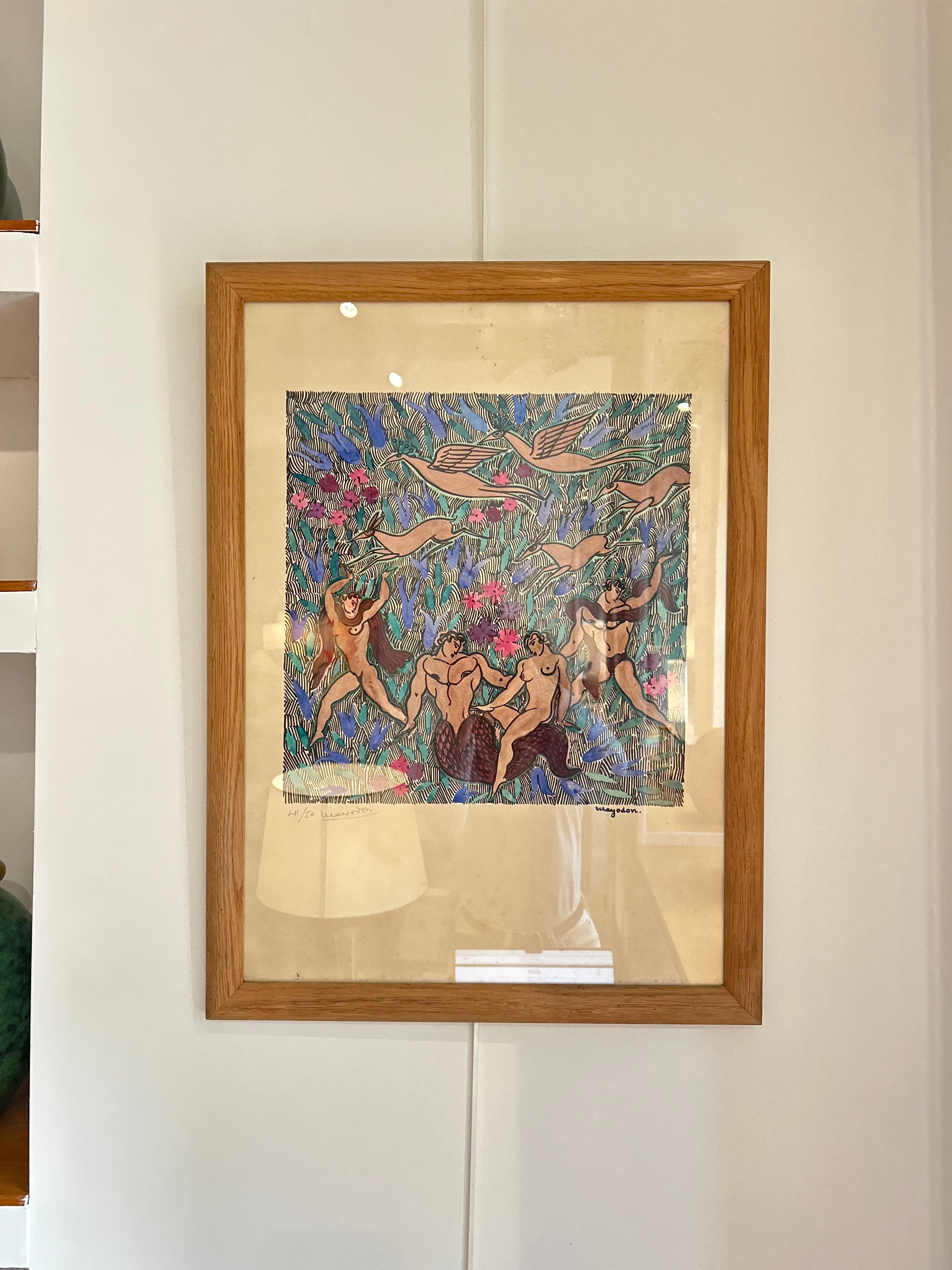 Unique estampe Art déco de Jean Mayodon. 