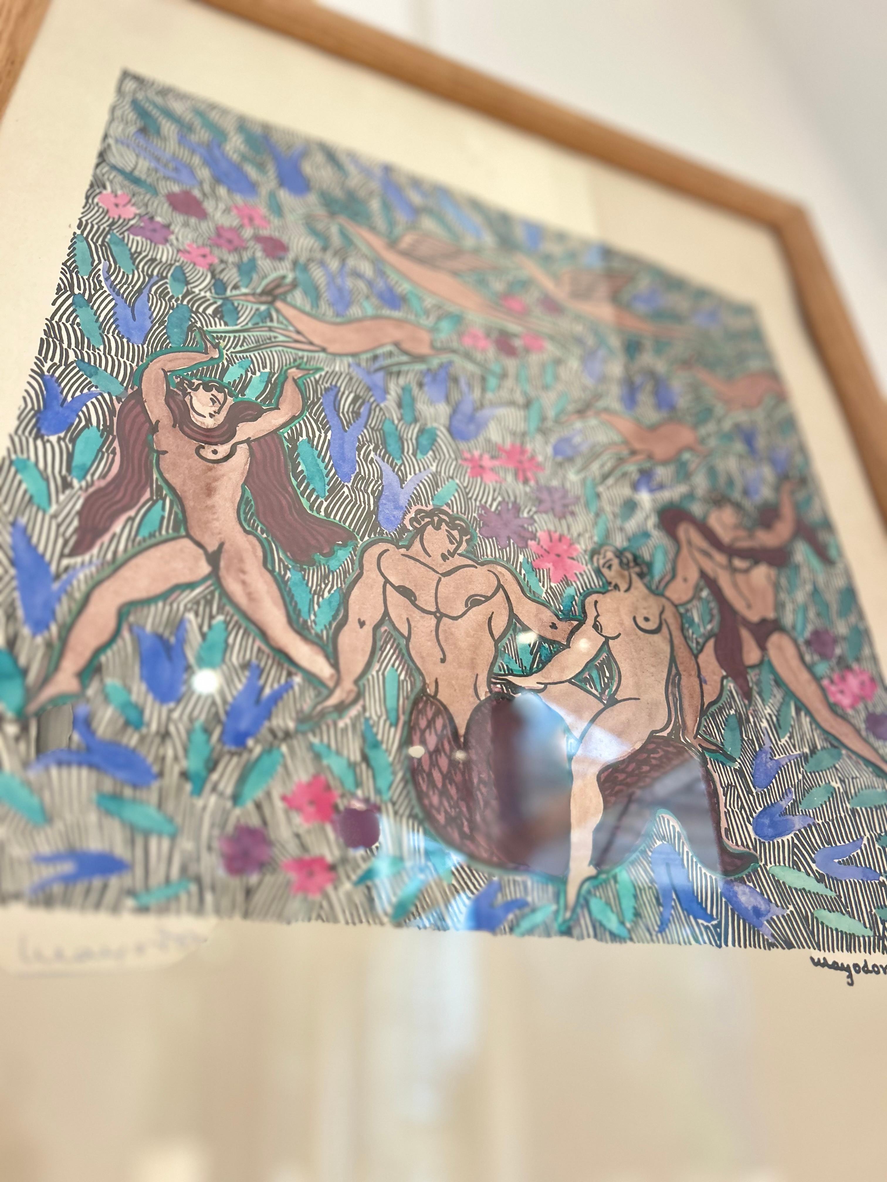 Milieu du XXe siècle « Merman and Nudes in Paradise », Jean Mayodon, impression Art déco en vente