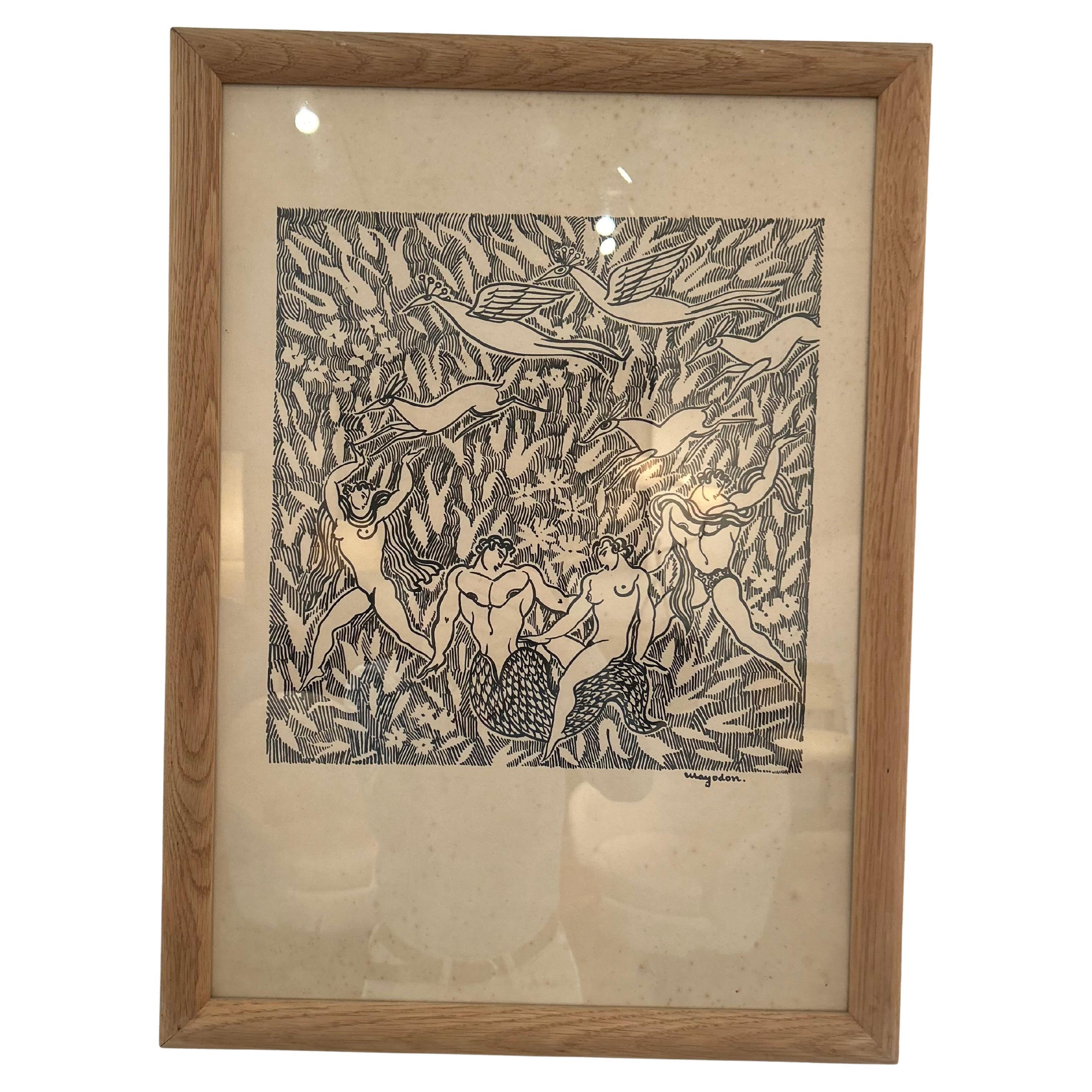"Merman and Nudes in Paradise, " Jean Mayodon Art Deco Print