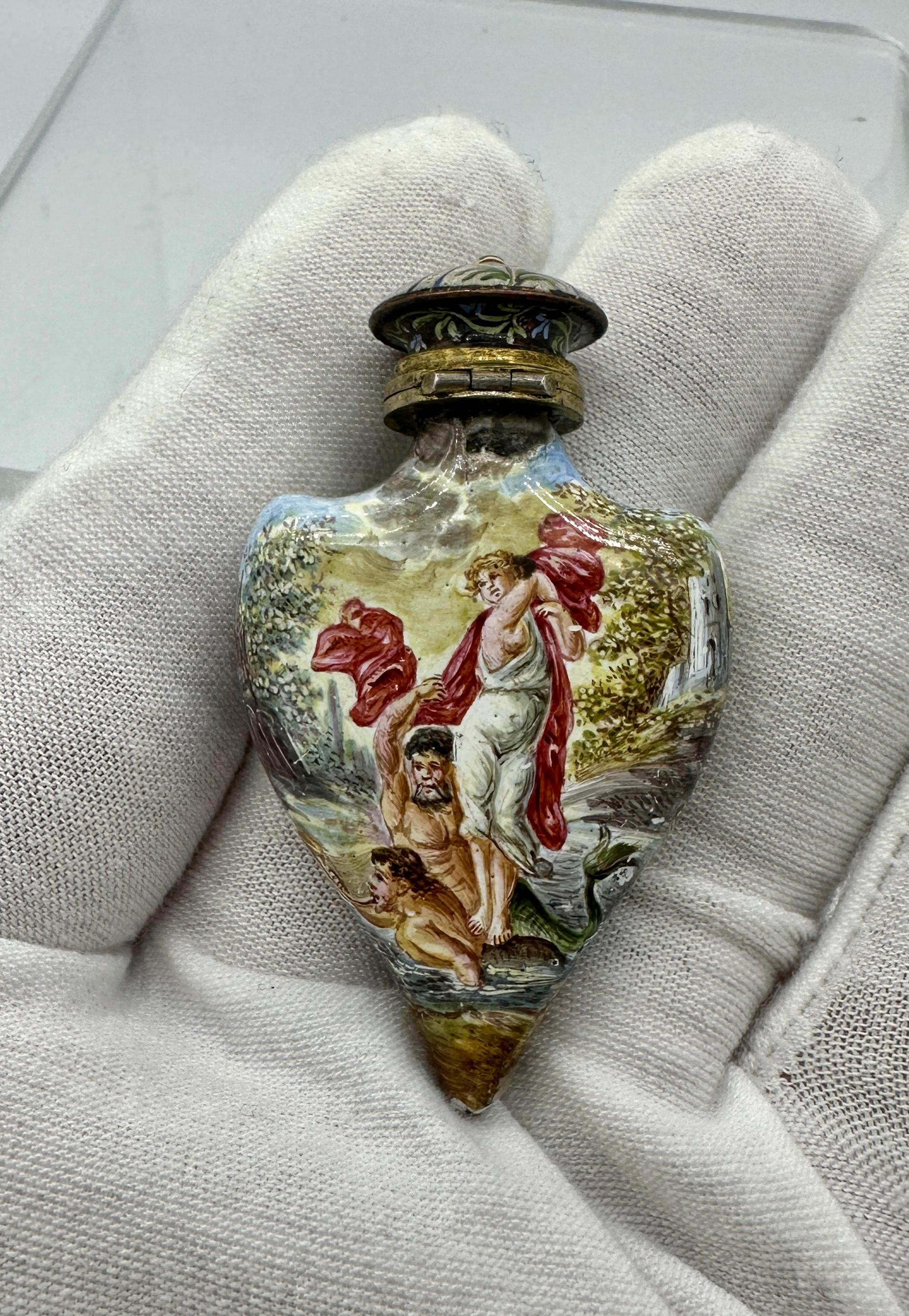 Belle Époque Merman Centaur Goddess Maiden Mermaid Enamel Perfume Bottle Vinaigrette Antique For Sale