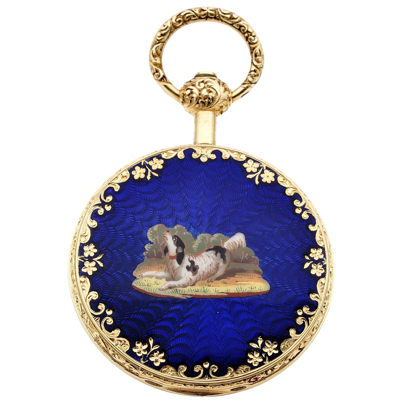 Mermod Freres Gold Pocket Watch Dog Enamel Miniature For Sale