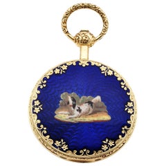 Antique Mermod Freres Gold Pocket Watch Dog Enamel Miniature