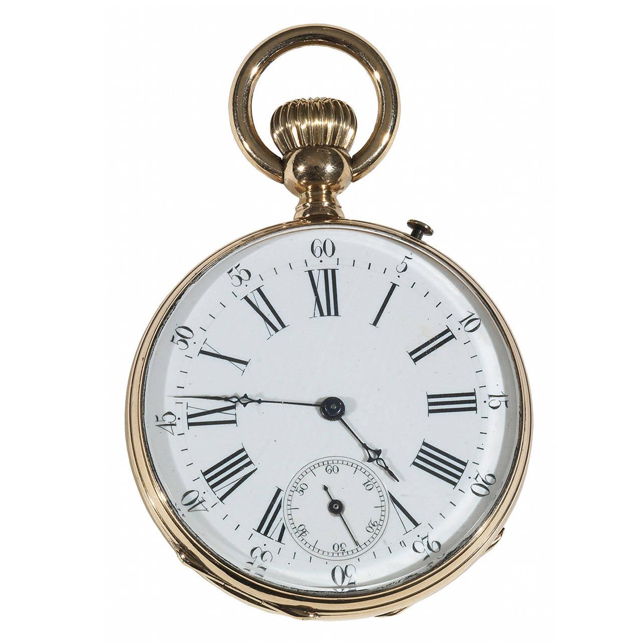 
18ct gold, with hinged double case back, crown winding and setting, enamel dial with printed black Roman hour markers and outer Arabic five minute chapter, steel Louis XV hands, subsidiary dial for running small seconds at six with steel baton