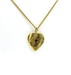 ME&RO 18K Yellow Gold Diamond and Ruby Heart Necklace Size 18"