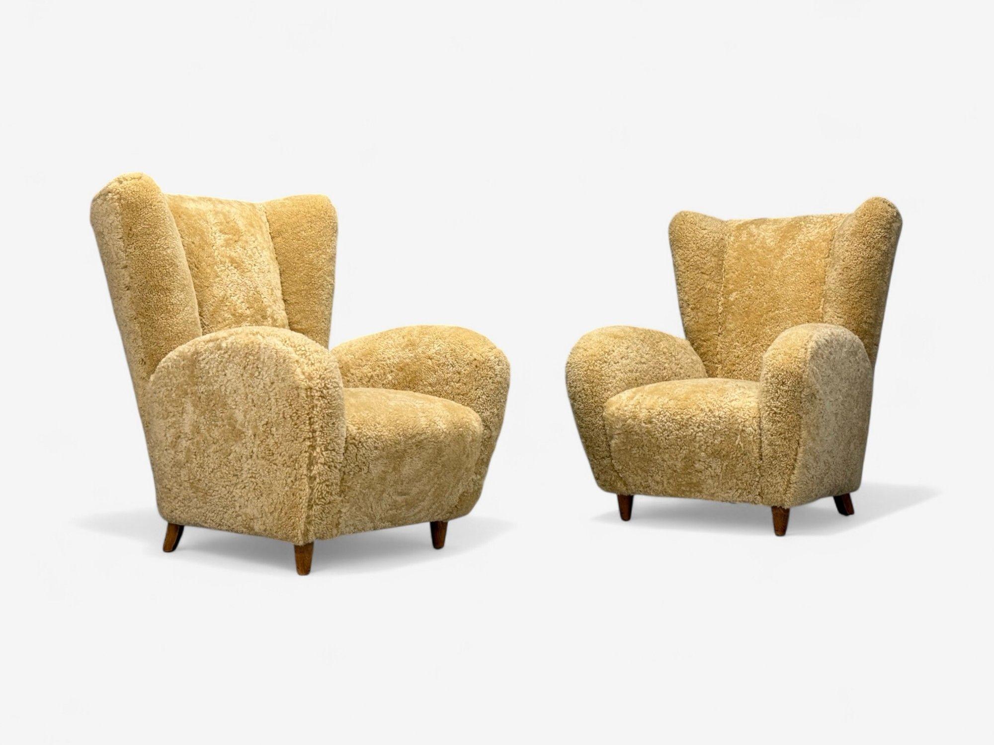 Italian Meroni & Fossati, Beige Shearling, Stained Wood, Lounge Chairs, Italy, 1950s For Sale