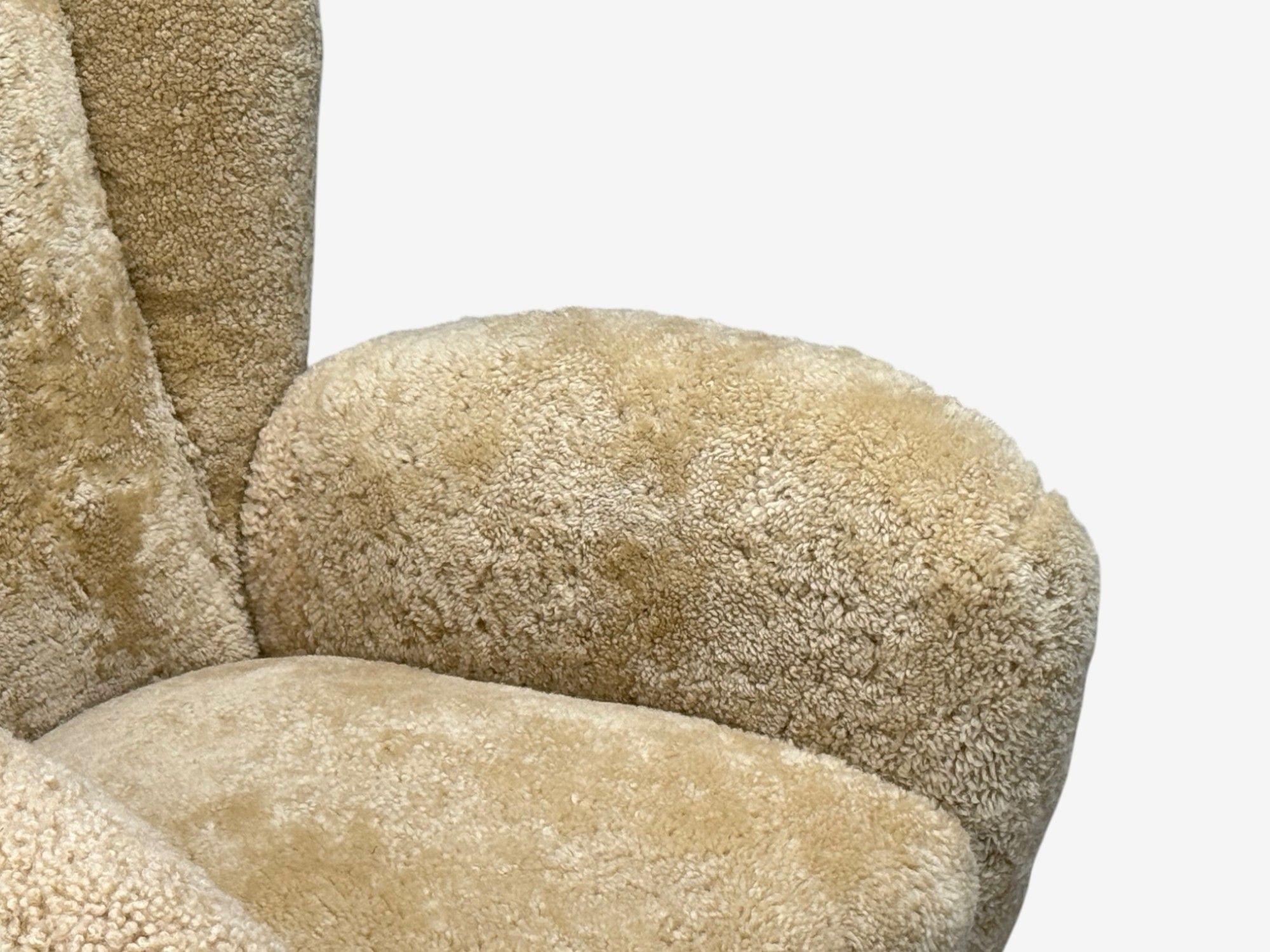 Sheepskin Meroni & Fossati, Beige Shearling, Stained Wood, Lounge Chairs, Italy, 1950s For Sale