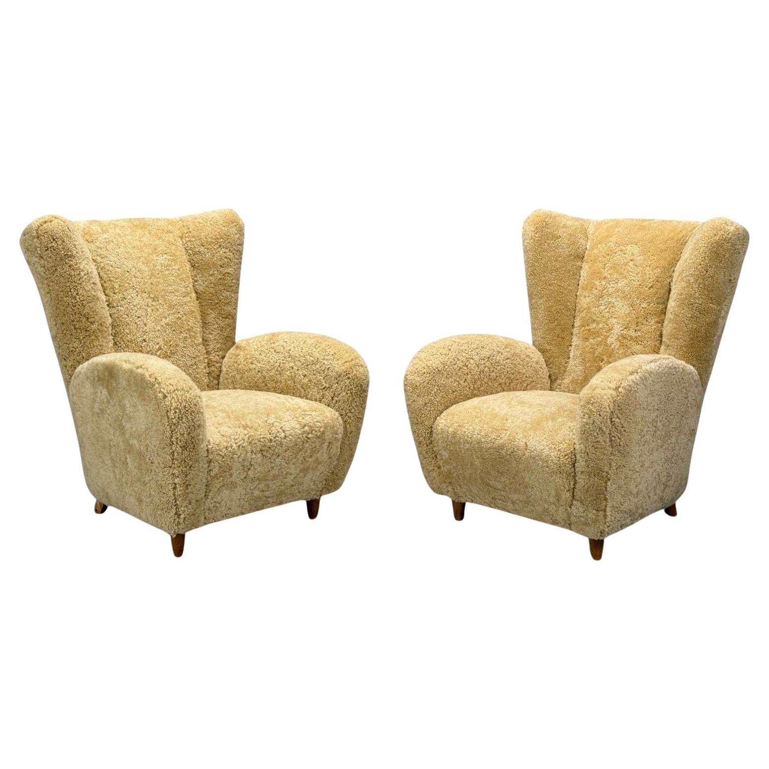 Meroni & Fossati, Beige Shearling, Stained Wood, Lounge Chairs, Italy, 1950s