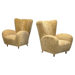 Meroni & Fossati, Beige Shearling, Stained Wood, Lounge Chairs, Italy, 1950s