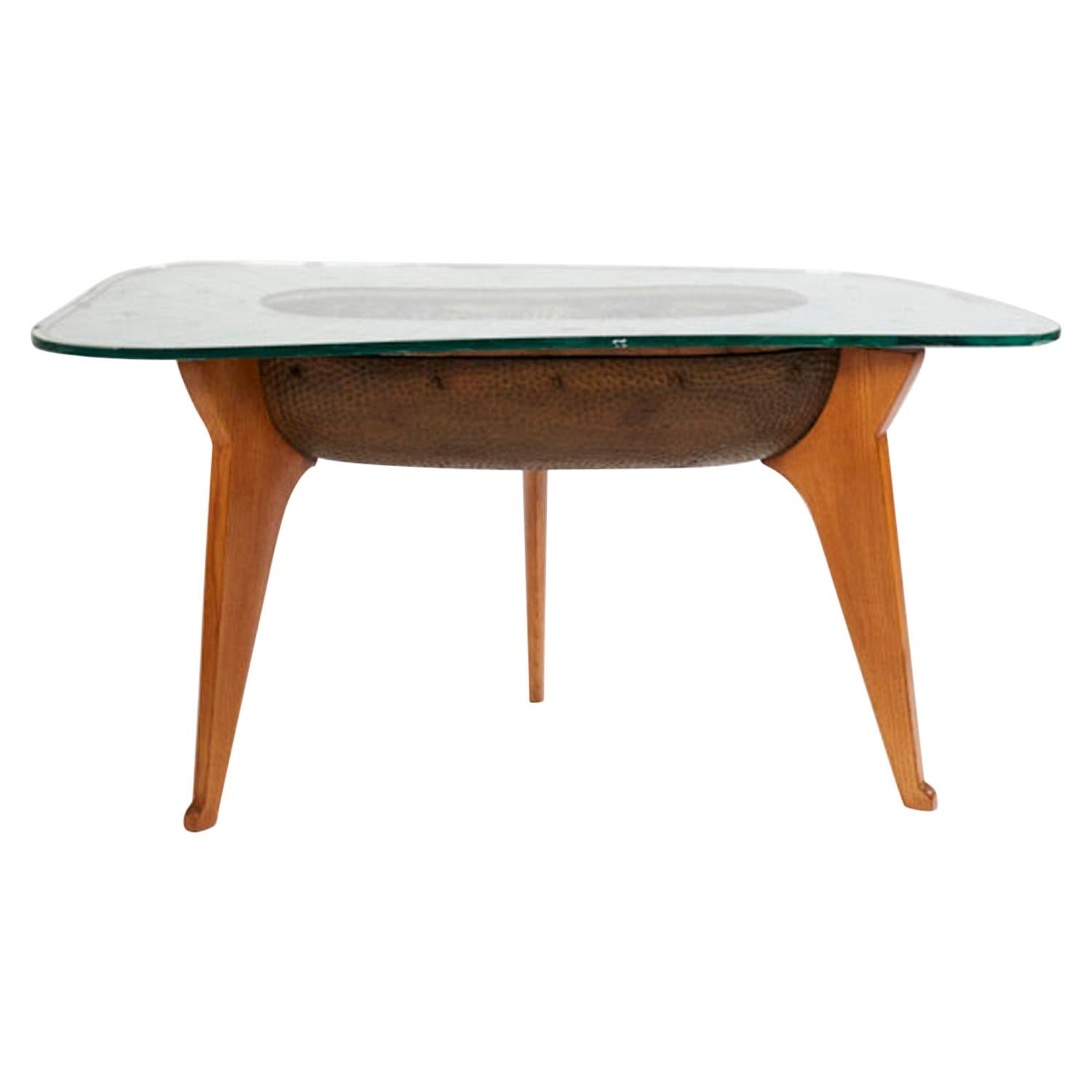 Meroni & Fossati Late 1930s Carved Wood and Ceramic Aquarium Lightning Table