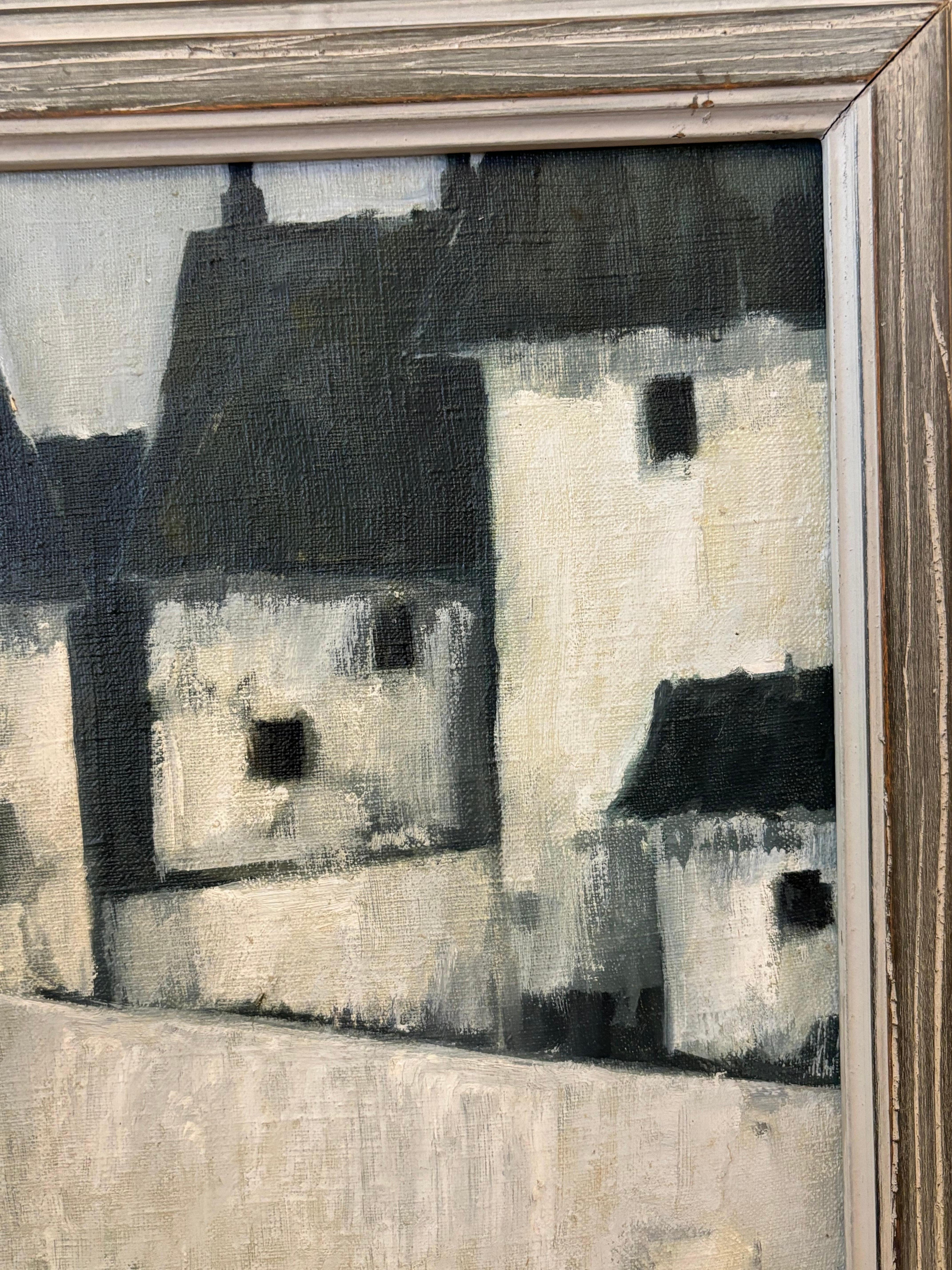 Merri Vetrano Oil on Canvas Cityscape.Done is shades of white, grays and blacks.  Nice small scale Cityscape, frame measures 17.5 square.  Overall in nice original condition with period frame.