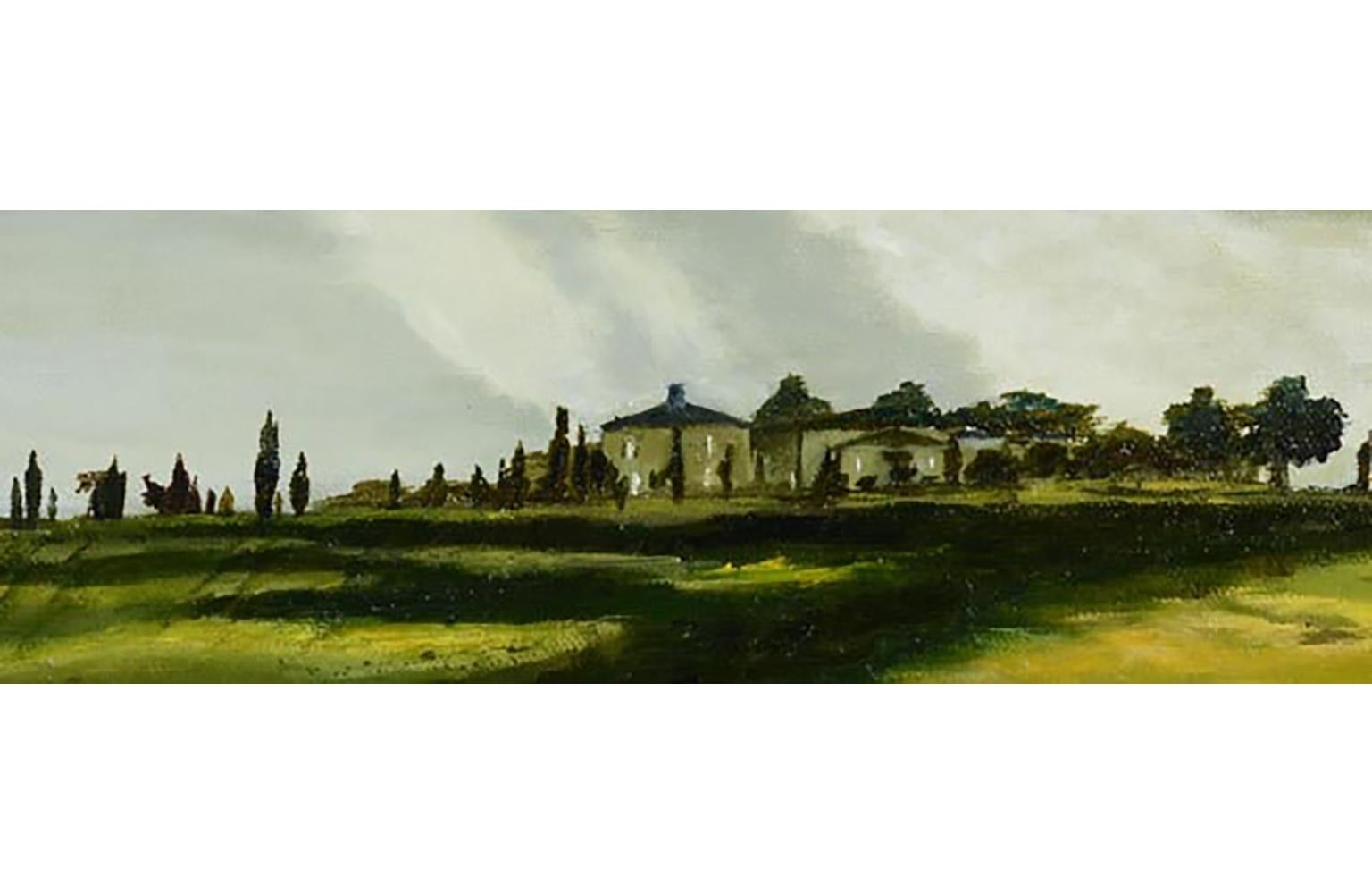 Landscape Oil Painting by Merrill Campbell  Oil on Canvas  Entitled Tuscan Landscape  Signed by the artist in the lower left corner of the canvas “Merrill Campbell”  Housed in a Stained Mahogany Wood Frame with gold trim  Measures approx. 24.25″ H x