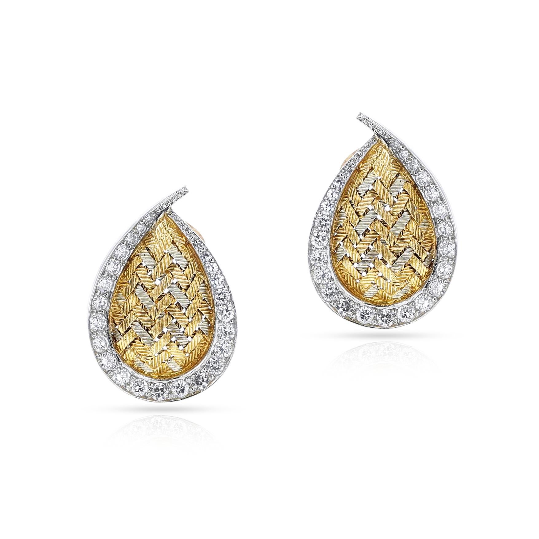 Round Cut Merrin France Diamond and Textured Gold Leaf Earrings, 18k For Sale