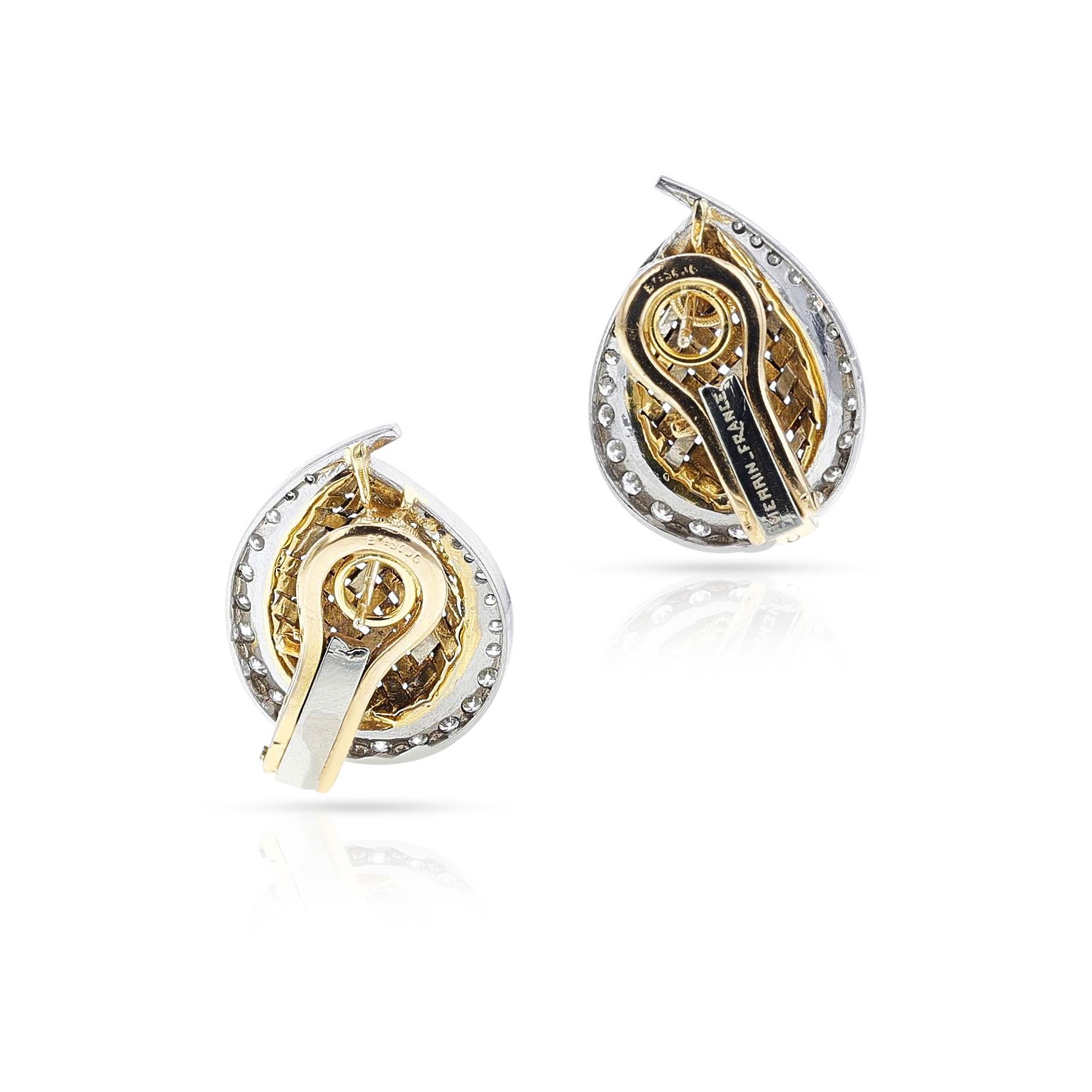 Merrin France Diamond and Textured Gold Leaf Earrings, 18k In Excellent Condition For Sale In New York, NY