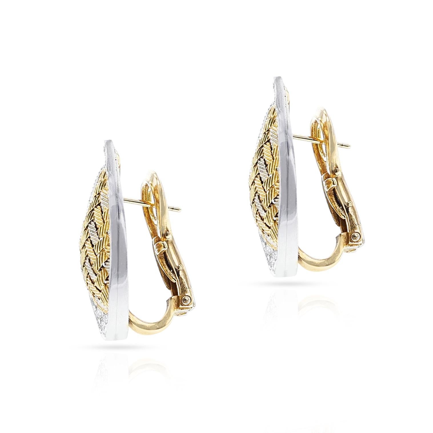 Women's or Men's Merrin France Diamond and Textured Gold Leaf Earrings, 18k For Sale