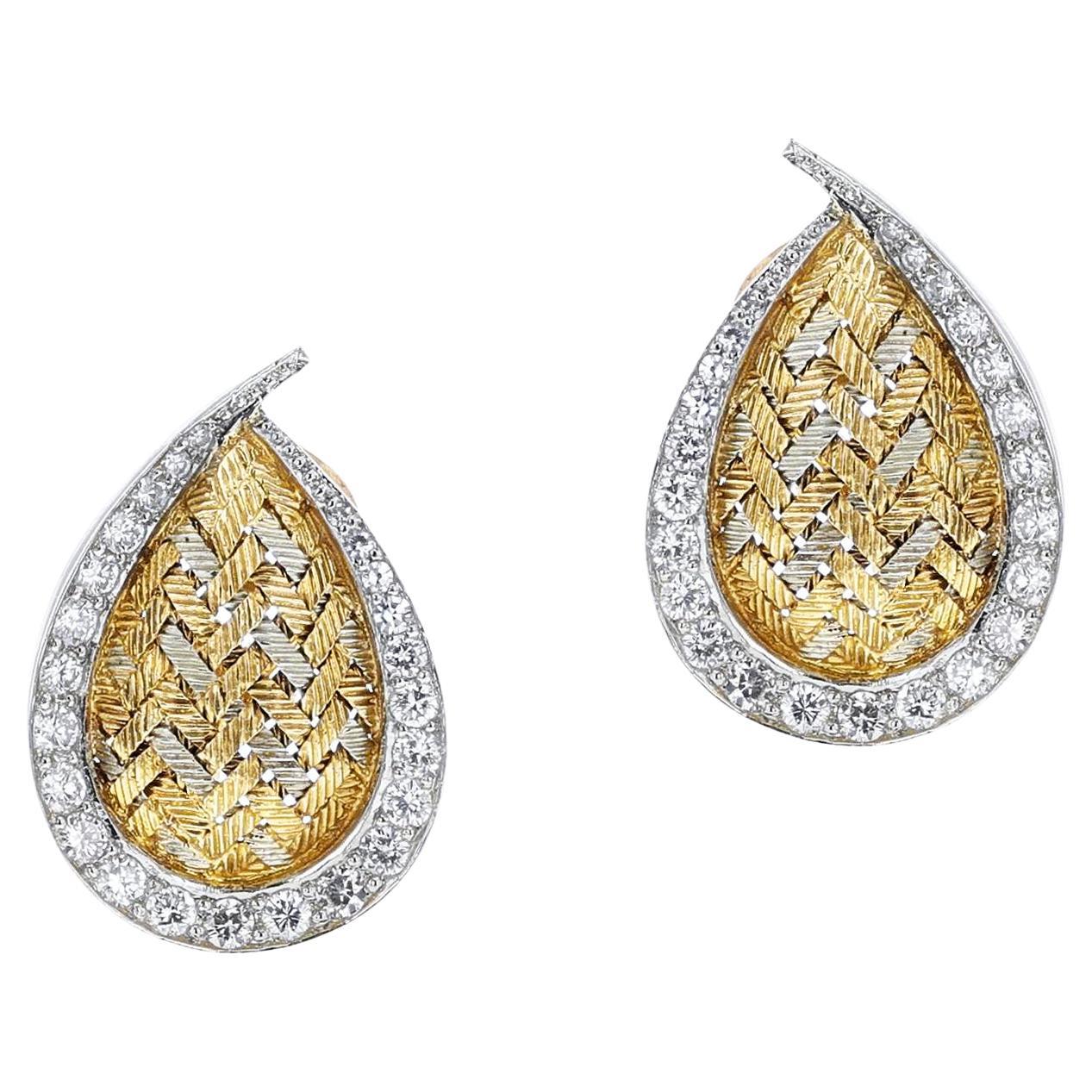 Merrin France Pendientes de Diamantes y Oro Texturado Hoja, 18k en venta