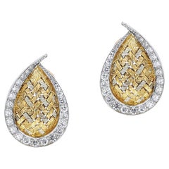 Vintage Merrin France Diamond and Textured Gold Leaf Earrings, 18k