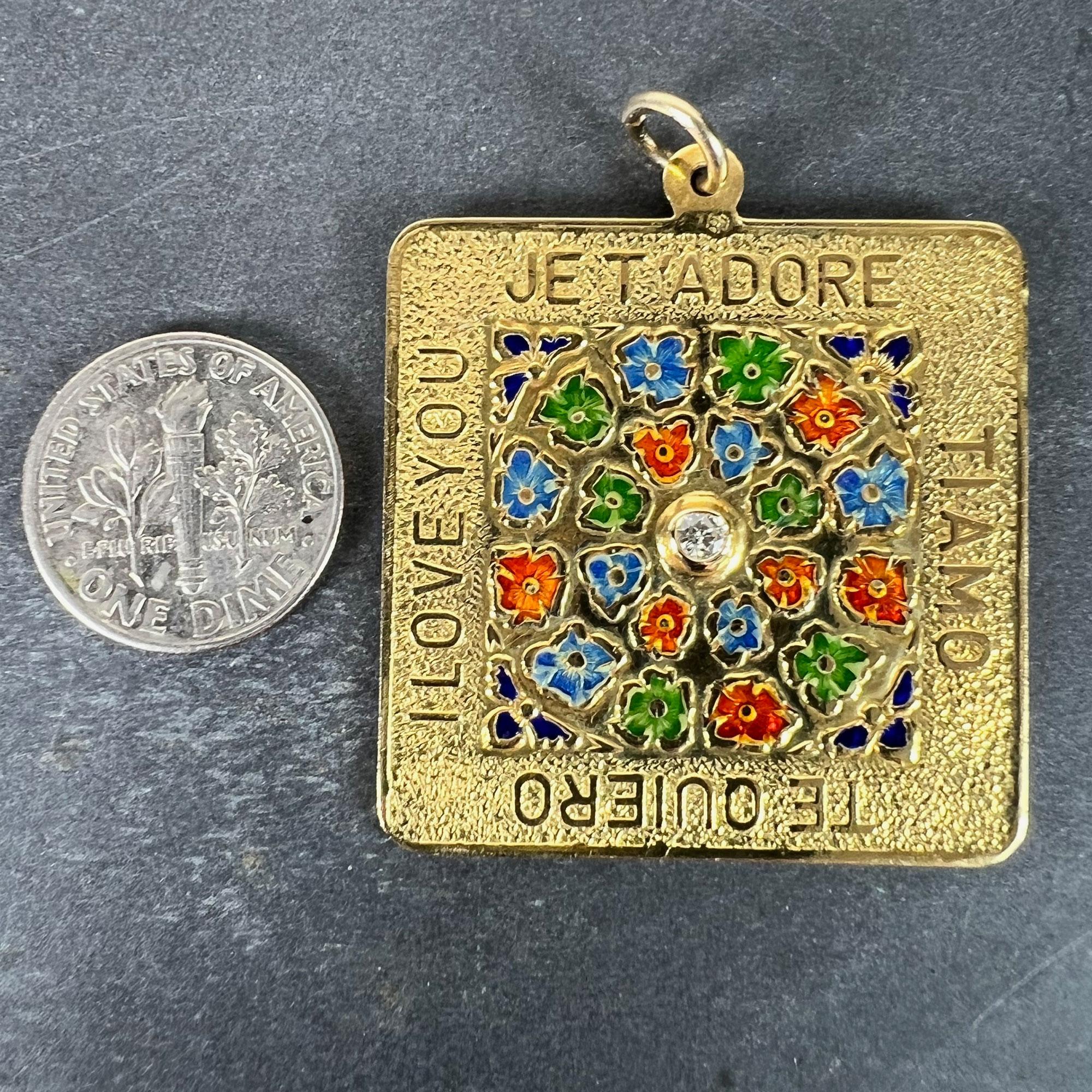 Merrin I Love You Diamond Enamel Flowers 18K Yellow Gold Love Charm Pendant For Sale 5