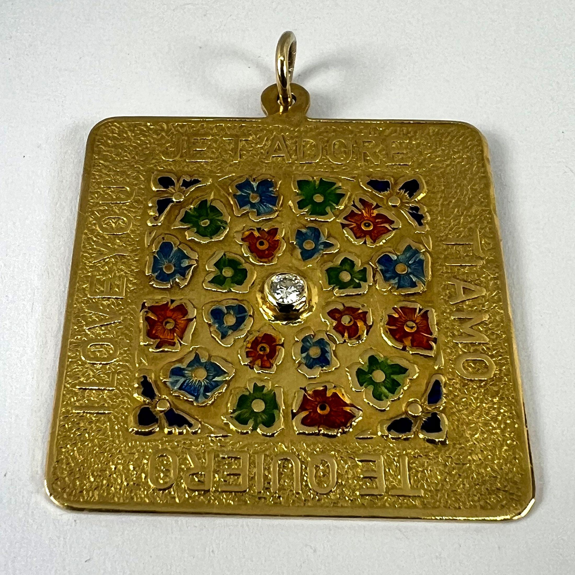 Merrin I Love You Diamond Enamel Flowers 18K Yellow Gold Love Charm Pendant For Sale 7