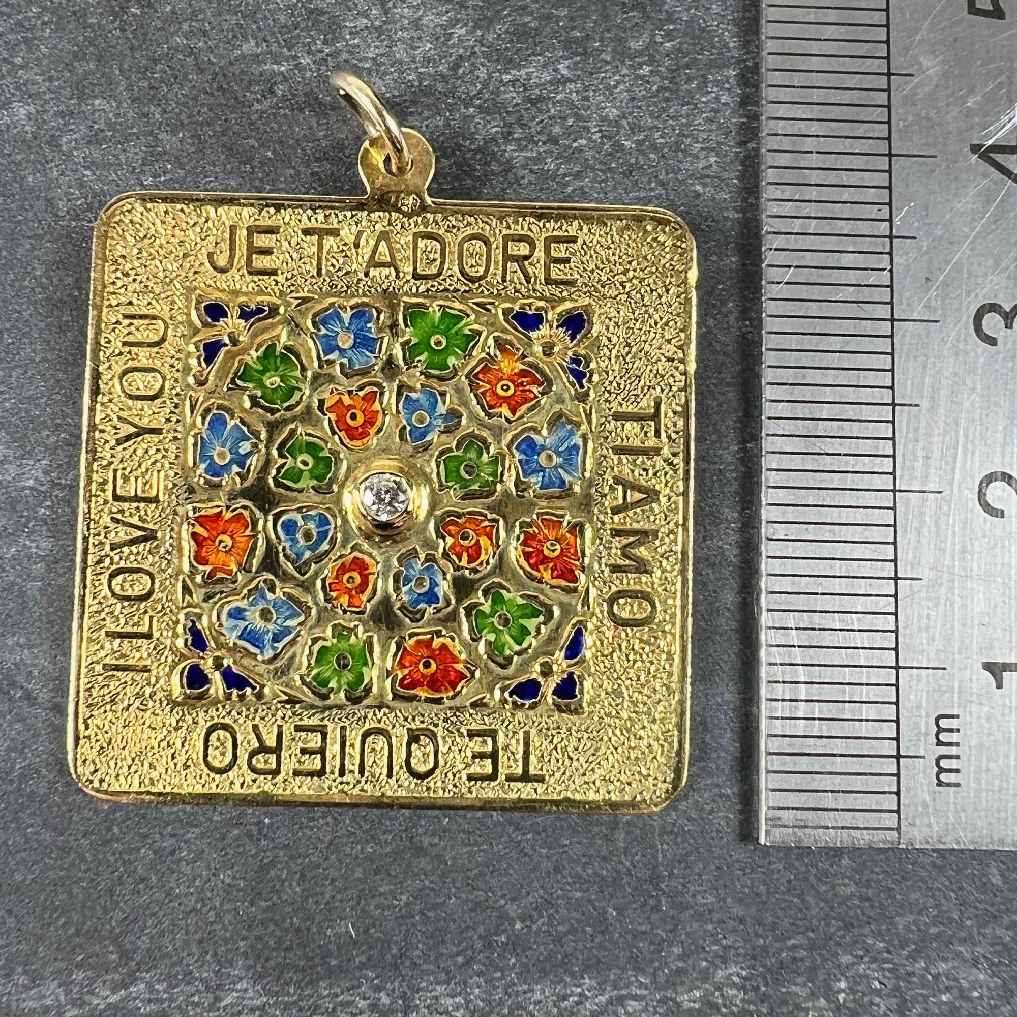 Merrin I Love You Diamond Enamel Flowers 18K Yellow Gold Love Charm Pendant For Sale 4