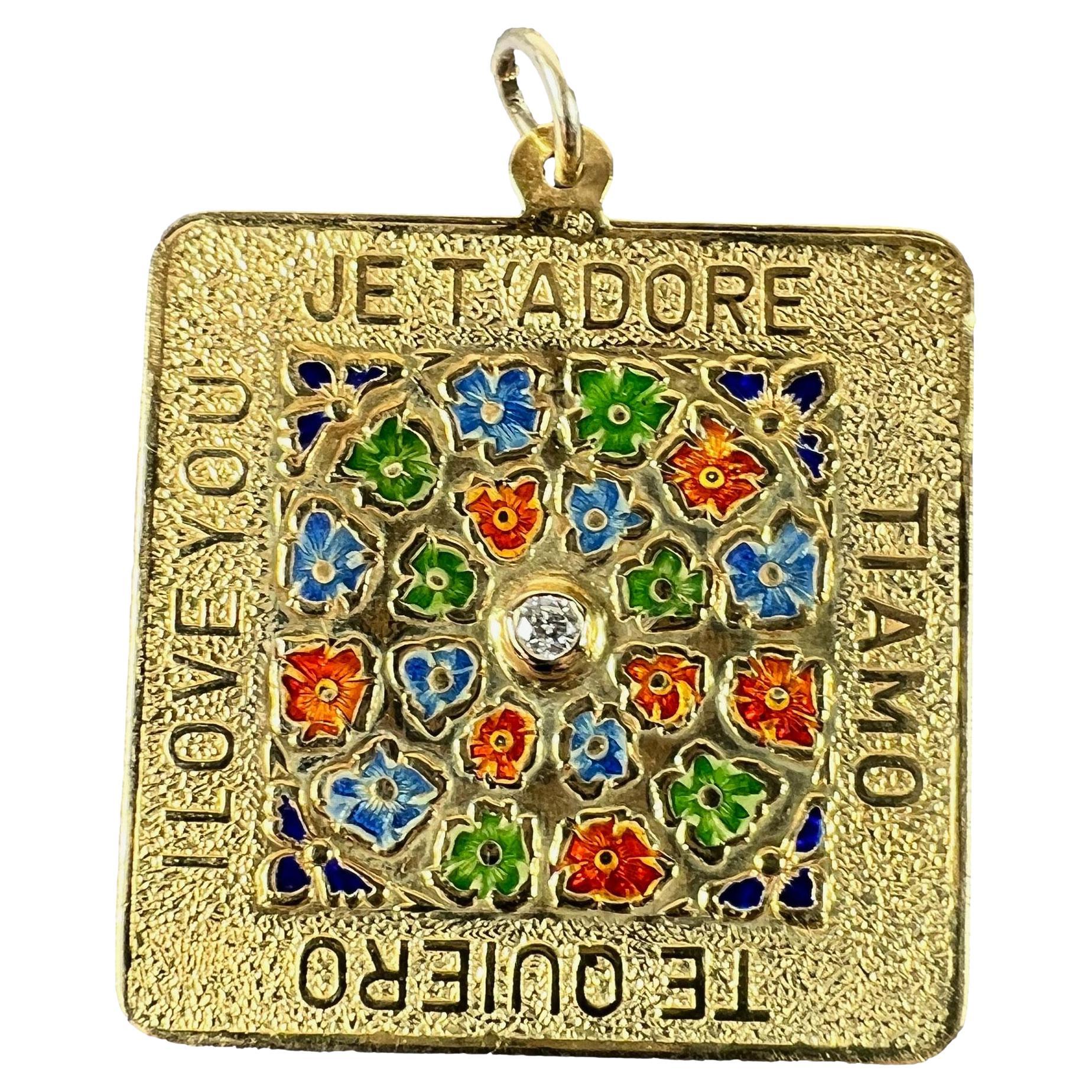 Merrin I Love You Diamond Enamel Flowers 18K Yellow Gold Love Charm Pendant