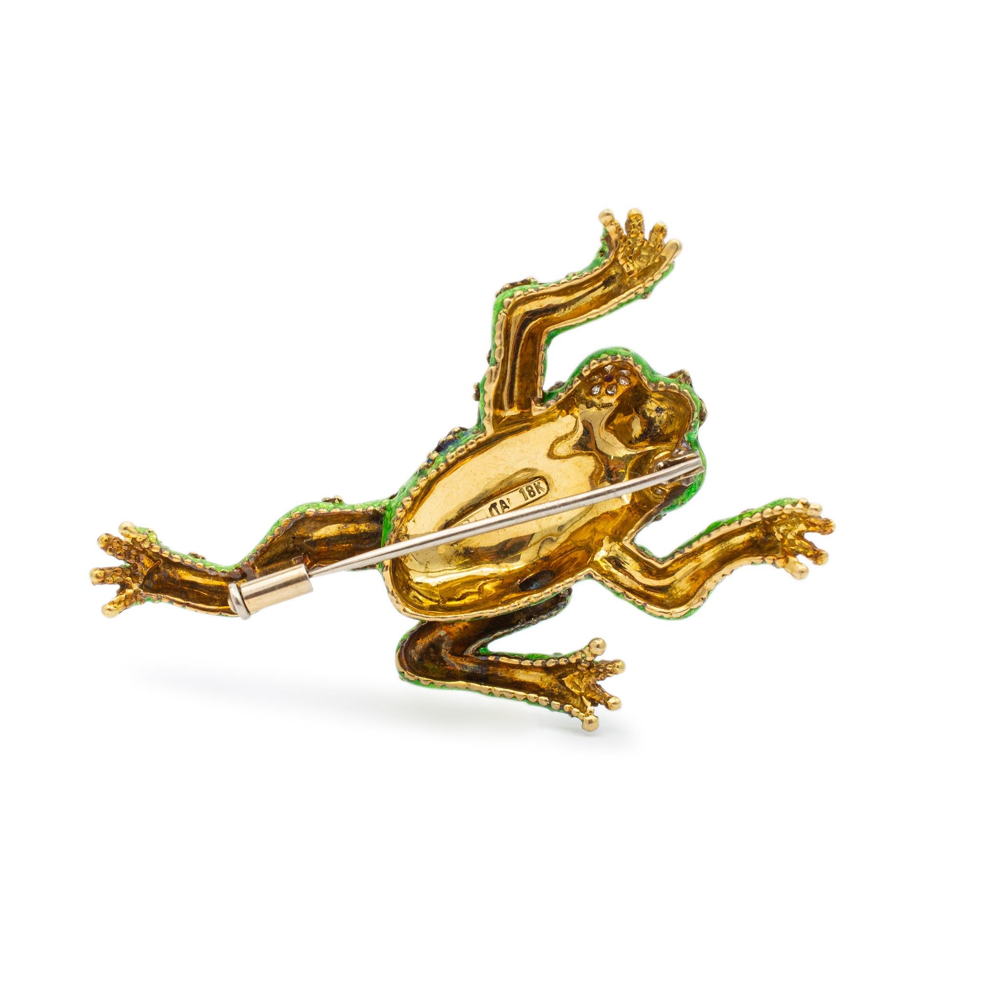 Single Cut Merrin Vintage 18K Yellow Gold Ruby & Diamond Frog Enamel Brooch / Pin For Sale