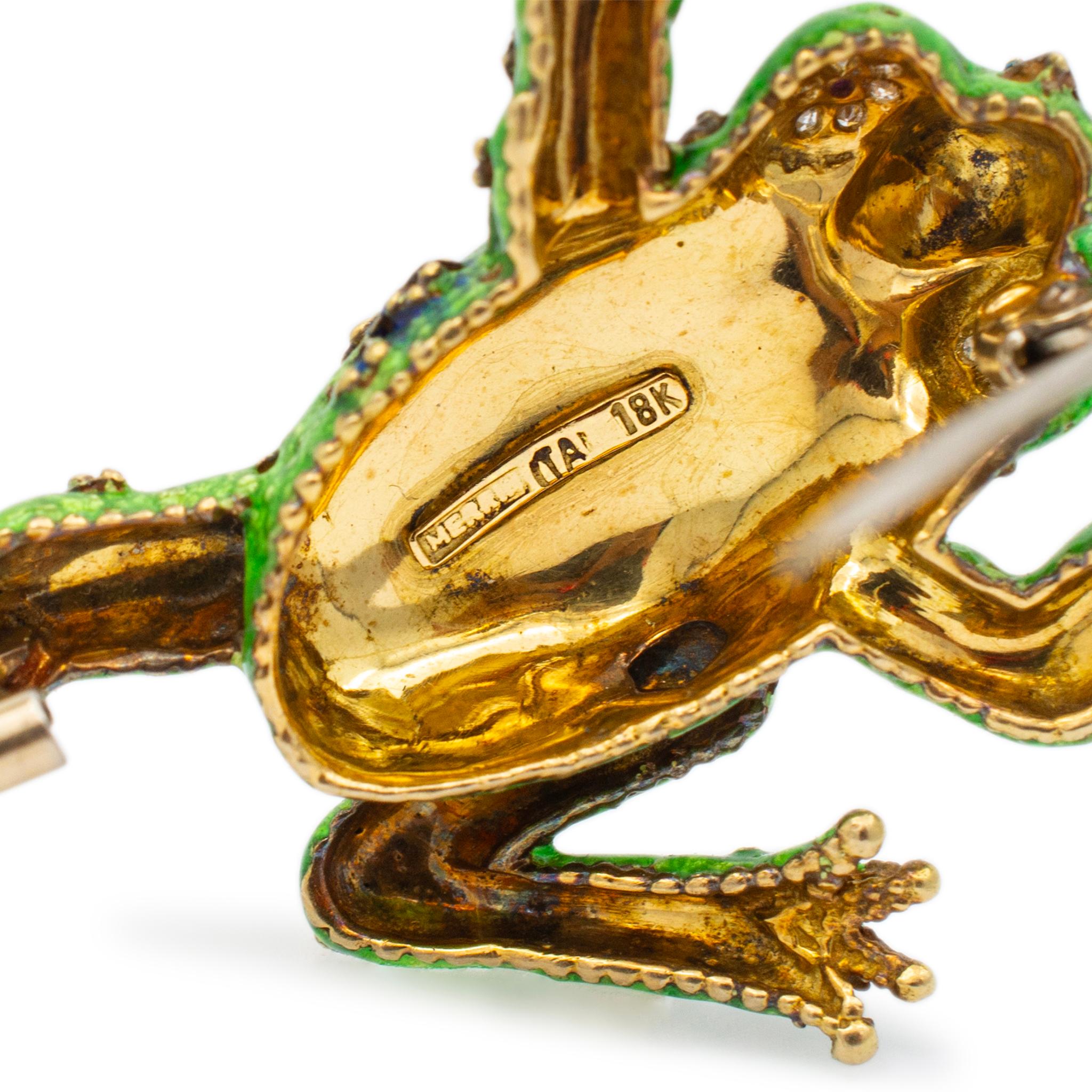 Merrin Vintage 18K Yellow Gold Ruby & Diamond Frog Enamel Brooch / Pin In Excellent Condition For Sale In Houston, TX