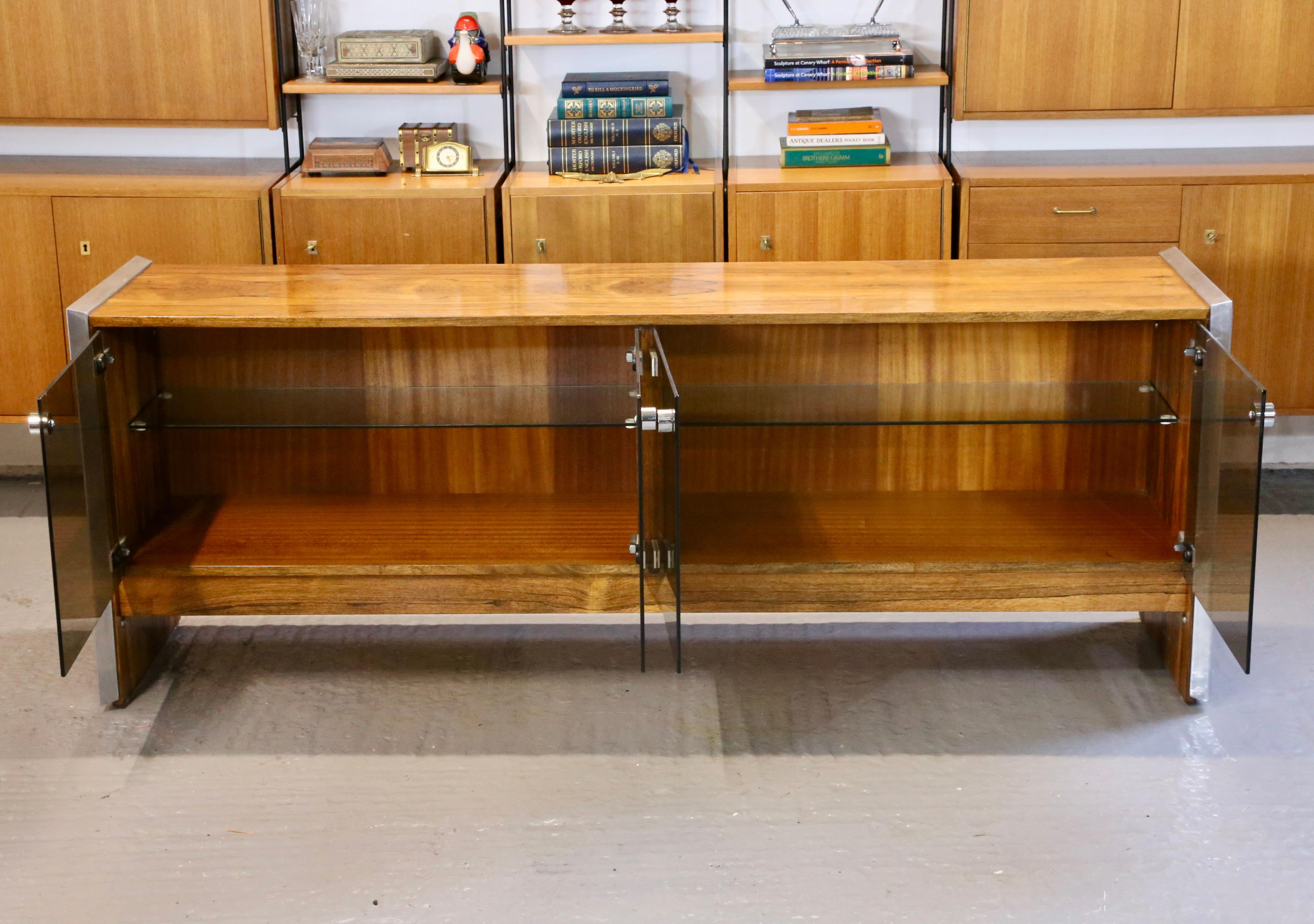 Merrow Associates - Richard Young, Fine Rosewood Chrome & Smoked Glass Sideboard For Sale 3